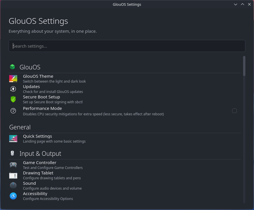 The GlouOS Settings app with plain-language options for the whole system